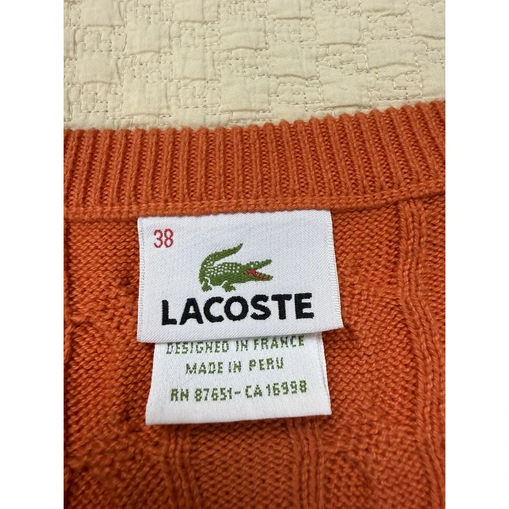 LACOSTE V-Neck Cable Knit Sweater Long Sleeve Preppy Croc | Orange | EU 38 US XS